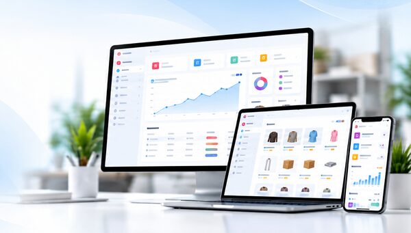 EzBiz dashboard on a desktop, laptop and phone